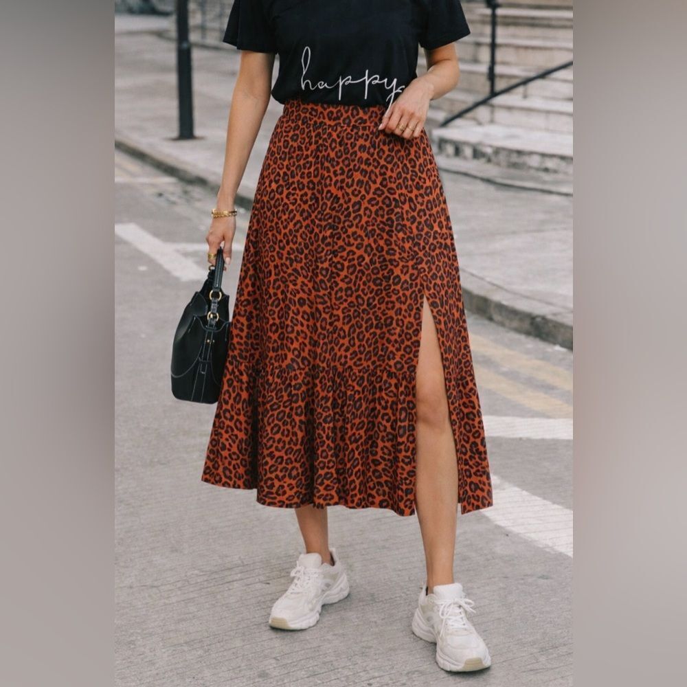 Nine West Animal Print Maxi Skirt Brown Tiered Side Slit Boho Size L Fall Outfit